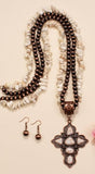 Cream Cross Pendant Necklace with Double Strand chip beads, & Copper Navajo pearls