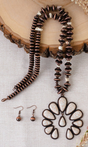 Cream & Copper Navajo Pearl Beaded Necklace with Multi Stone Squash Blossom Pendant