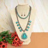 Silver Navajo Pearl Double Strand Necklace with Turquoise triangle pendants
