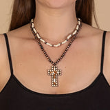 Copper & Cream 2 Strand Necklace with Cross pendant