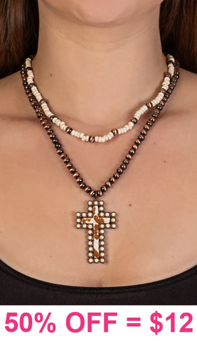 Copper & Cream 2 Strand Necklace with Cross pendant