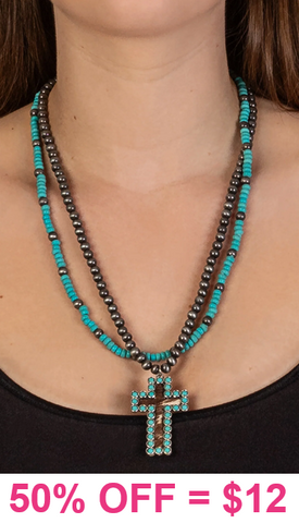 Silver & Turquoise 2 Strand Necklace with Cross pendant
