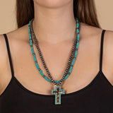 Silver & Turquoise 2 Strand Necklace with Cross pendant