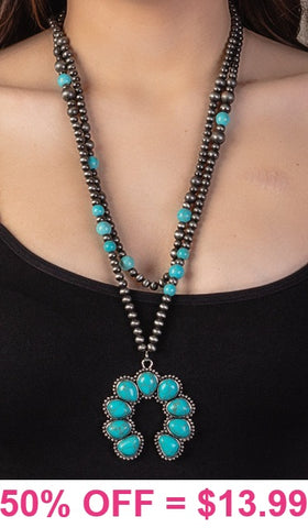Medium Turquoise Squash pendant Silver 2 Strand Necklace