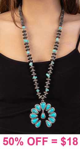 Silver & Turquoise Long necklace with Squash pendant
