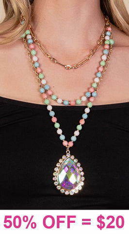 3 Three Layer Gold Chain Necklace, Pastel Beads, Bling Teardrop Gem pendant