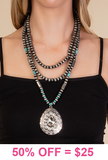 Bling Concho Pendant, Silver 3 Strand Navajo Pearl Necklace