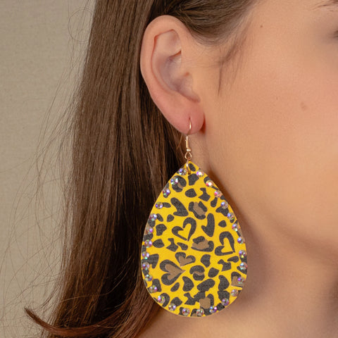 Yellow Leopard Teardrop earrings with bling trim