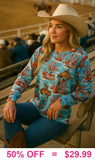 Baby Blue Western print long sleeve top