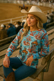 Baby Blue Western print long sleeve top