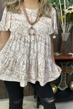 L, XL, 2X, 3X Taupe & White floral baby doll top