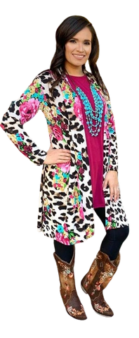 Cream Leopard 3/4 Sleeve Pink Floral Cardigan
