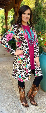 Cream Leopard 3/4 Sleeve Pink Floral Cardigan