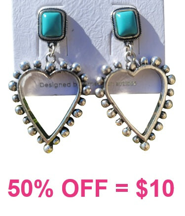 Silver studded heart outline earrings with turquoise stone