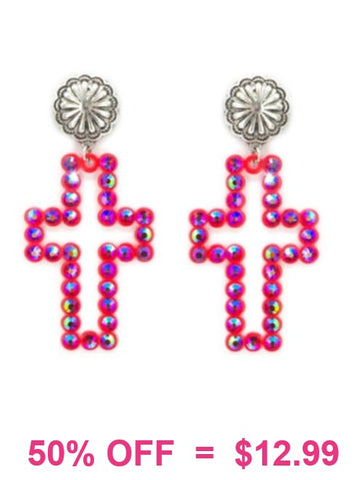 Pink Color Bling Cross Cutout Earrings