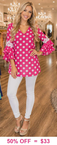 Pink Polka Dot ruffle bell sleeve top