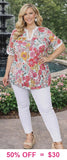 M, L, 3X Floral Top With Light Blue Striped Ruffle Trim - Loose Fit