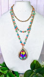 3 Three Layer Gold Chain Necklace, Pastel Beads, Bling Teardrop Gem pendant