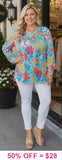 Turquoise Floral roll tab long sleeve top