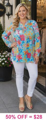 Turquoise Floral roll tab long sleeve top