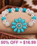Turquoise bling flower concho, beaded stretch bracelet