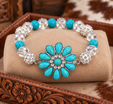 Turquoise bling flower concho, beaded stretch bracelet