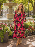 S, M, 3X : Black & Pink Floral Long Sleeve Dress