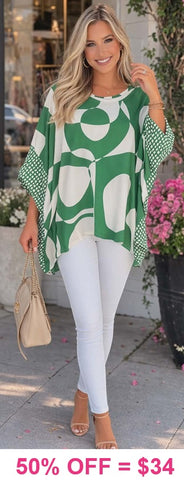 Green & White print poncho top