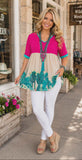Pink, Cream, Turquoise cactus baby doll top -Loose fit