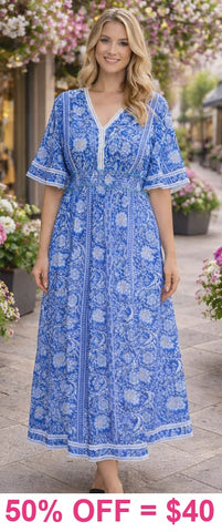 TOP SELLING #1 Blue & White printed Maxi Dress