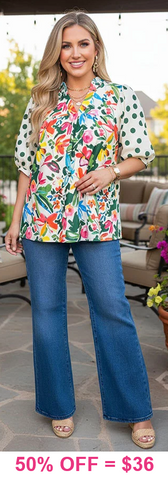 M, 3X Floral blouse with polka dot sleeves
