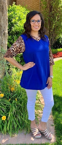 Royal Blue top with leopard sleeves