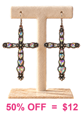 Burnished Silver Cross with Bling Hearts earrings