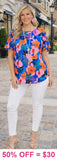 M,L, XL, 3X Blue Flower Top With Flutter Sleeves