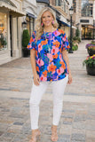 M,L, XL, 3X Blue Flower Top With Flutter Sleeves
