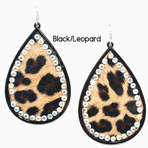 Black trim leopard teardrop bling earrings