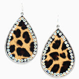 Silver trim leopard teardrop bling earrings