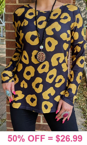Mustard Leopard print black long sleeve top