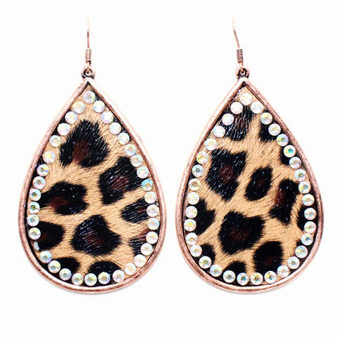 Copper trim leopard teardrop bling earrings