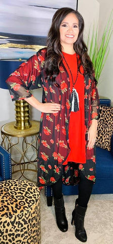 PLUS SIZE : Red Rose and Black Sheer Duster