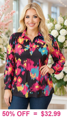 Black & Colorful print long sleeve top - Loose Fit