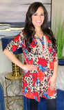 S, M, L : Taupe Leopard & Coral Floral Flutter Tunic