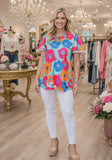 Blue Flower top with flutter sleeve