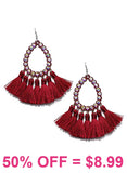 Maroon teardrop earrings with bling and tassels
