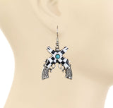Checkered double pistol earrings - silver tone with Turquoise stone