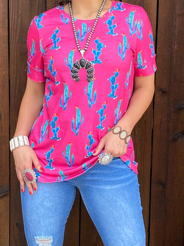 Pink Top with blue cactus print