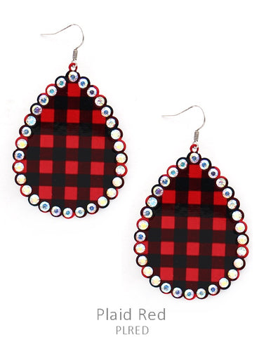 Red plaid teardrop earrings with bling