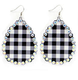 Black and White plaid teardrop earrings with bling trim