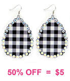 Black and White plaid teardrop earrings with bling trim