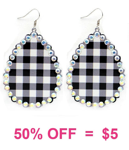 Black and White plaid teardrop earrings with bling trim
